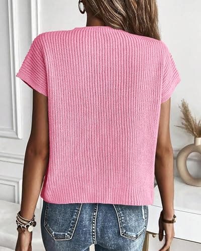 KIRUNDO Spring Summer Short Sleeve Sweater for Women 2026 Casual Sweater Vest Cotton Knit Pullover Tank Tops Fashion Clothing(Pink, Large) - Thumbnail 2