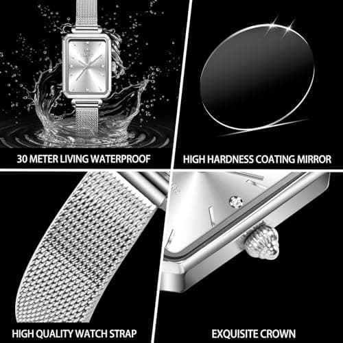 Taxau Silver Watch for Women Small Wrists Watches Luxury Silver Mesh Band Watches for Womens Waterproof Analog Quartz Casual Dress Womens Watch Square Face with Date - Thumbnail 3