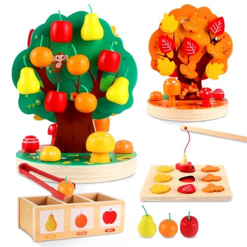 INIFEIDALA Montessori Toys for 3 4 5 6 Year Old - Wooden Sensory Toy for Toddlers - Shape Sorting Puzzle for Fine Motor Skills - Apple Picking Magnetic Tree Toy,Hand-Eye Coordination,Color Recognition