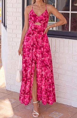 BTFBM Summer Dresses for Women 2026 Spring Floral Spaghetti Strap Smocked Cutout Maxi Dress Resort Beach Vacation Outfit(Floral Rose Red, XX-Large) - Thumbnail 2