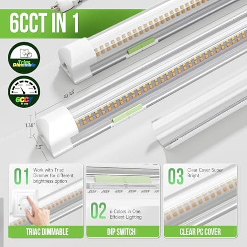 Zi-ZOHNSON 6 Pack Dimmable 4 Foot Led Shop Light,30W 3900LM 3000-6500K Tunable,T8 Integrated LED Tube Light,Clear Cover Linkable Shop Lights for Workshop,Garage,Basement,Supermarket,Barn - Thumbnail 2