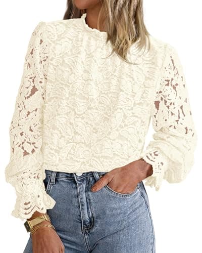 KIRUNDO Blouses for Women Dressy Casual Lace Long Sleeve Tops Mock Neck Ruffle Hem Shirts Fall Fashion Clothes(Apricot, XX-Large) - Image 1