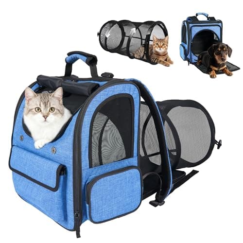 Cat Backpack Carrier, 2 in 1 Expandable Cat Backpack with Breathable Mesh,Cat Carrying Backpack with Detachable Round Play Tunnel for Cat 17lbs & Small Dog 13lbs,Blue. - Image 1