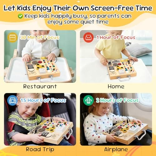 Wooden Busy Board with LED Light Montessori Baby Learning Toys for Toddlers , Sensory Activity Board, Travel Educational Toys, Boy & Girl Birthday Gift (Silver Handle) - Thumbnail 5