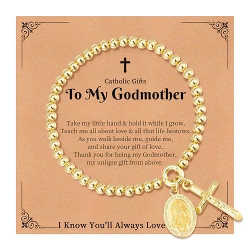 Goxygen Cross Virgin Mary Beaded Bracelet -14K Gold Plated Copper Stretch Bracelet, Dainty Elastic Bead Chain Gift for Her, Religious Jewelry for Baptism Confirmation Catholic（to My Godmother-Gold）