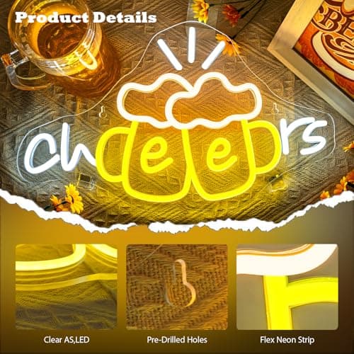 Cheers Neon Sign Beer Cup Neon Lights for Wall Decor Dimmable LED Neon Light Up the Good Times with a Cold Glow USB Powered for Bars Party Living Room Bar Man Cave Party Home kitchen Restautrant - Thumbnail 3