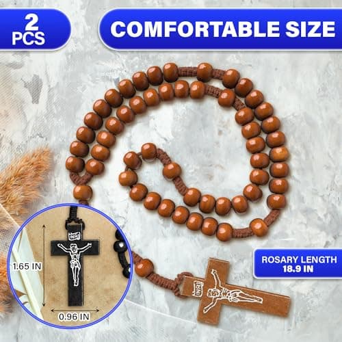 2 Pcs Small Wood Rosary Necklace – Wooden Cross Necklaces for Men and Women with Tan or Black Beads, 22" Length and 6" Drop – Lightweight Cross Accessory for Daily Wear, Layering, Prayer or Gifting - Thumbnail 2