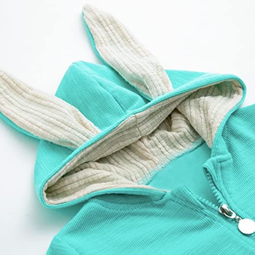 Simplee kids Animal Bunny Baby Easter Clothes Long Ear Rabbit Hoodie Romper with Zipper Blue Turquoise 3-6 Months - Thumbnail 3