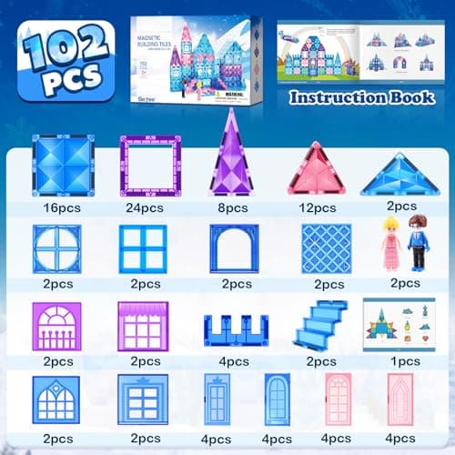 Magnetic Tiles 102pcs with 2 Stairs 2 Dolls Princess Castle Building Girls Toys Age 4-5 6-8 Magnetic Blocks Birthday Xmas Gifts for Girls Toys for 3 4 5 6 7 8+ Year Old - Thumbnail 2