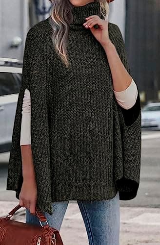 KIRUNDO Women's 2026 Fall Winter Turtleneck Poncho Sweater Fashion Chunky Knit Cape Wrap Sweaters Pullover Jumper Tops(Army Green, X-Large) - Thumbnail 6