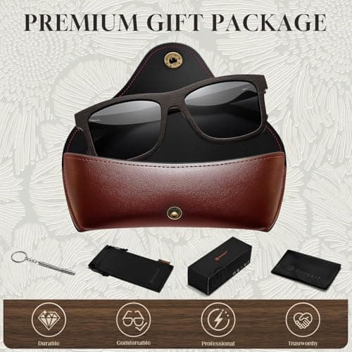SUNGAIT Brown/Black Oak Wood Polarized Sunglasses Classic Retro Square Shades for Men Women Driving Gifts (Black Oak Frame/Grey Lens) - Thumbnail 6