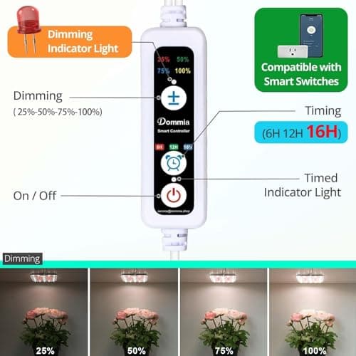 DOMMIA Full Spectrum LED Grow Light for Indoor Plants, 2 Panels 10W with 6/12/16h Timer Dimmable Plant Lights for Flower Veg Plant Growth USB, Warm White, 1-Pack - Thumbnail 3