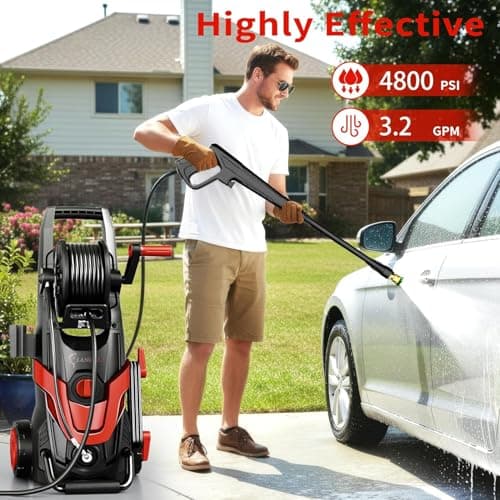 2026 Upgrade Pressure Power Washer 4800PSI w/4 Quick Connect Nozzles, Inlet Hose & Filter&500ML Soap Tank, High Cleaning Machine for Cars/Fences/Driveways/Patios/Home Cleaning,Red - Thumbnail 2
