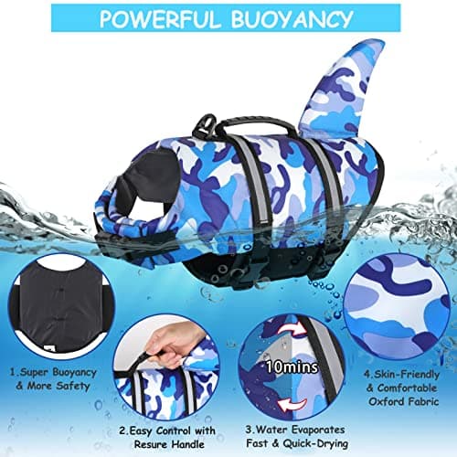 Fragralley Shark Camo Dog Life Jacket Swimming Vest with Reflective Material, Superior Buoyancy & Rescue Handle for Small to Large Dogs, Swim, Pool, Beach, Boating - Thumbnail 2