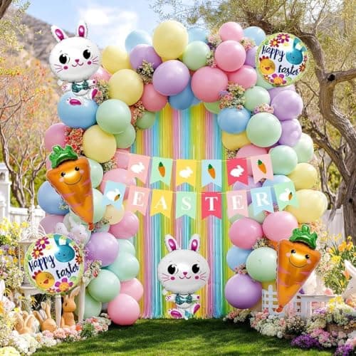 Easter Balloons Arch Kit Double Stuffed Pastel Balloons with Bunny, Carrot & Egg Foil Balloon Easter Banner and Colorful Fringe Curtain for Easter Birthday Baby Shower Spring Party Decoration