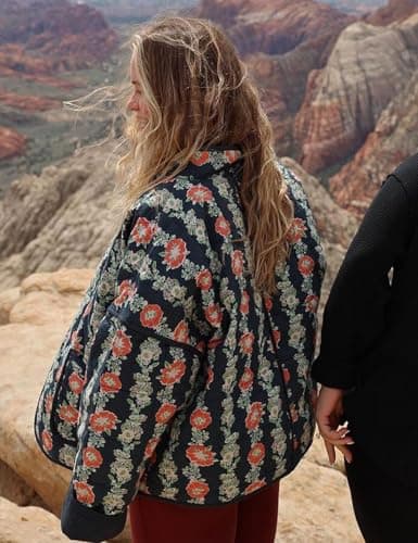 Wyeysyt Women's Cropped Puffer Jacket Lightweight Floral Print Long Sleeve Padded Quilted Puffy Cardigan Coat(Navy-03L) - Thumbnail 5