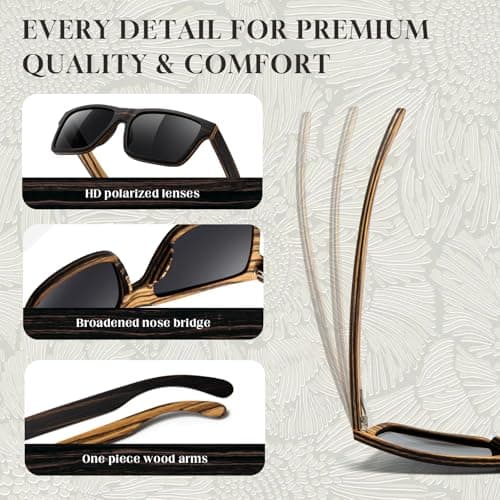 SUNGAIT Ebony Zebra Wood Sunglasses for Men Rectangular All-wood Frame Polarized Lens with Hard Gift Case(Ebony Zebra Frame/Grey Lens) - Thumbnail 4