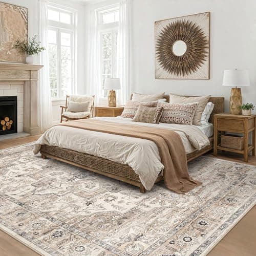 Area Rug 5x7 Washable Vintage - Soft Traditional Rugs for Living Room Large Non Slip Backing with Low Pile Farmhouse Oriental Retro Carpet for Bedroom Dining Room or Home Office - Tea Brown - Thumbnail 2