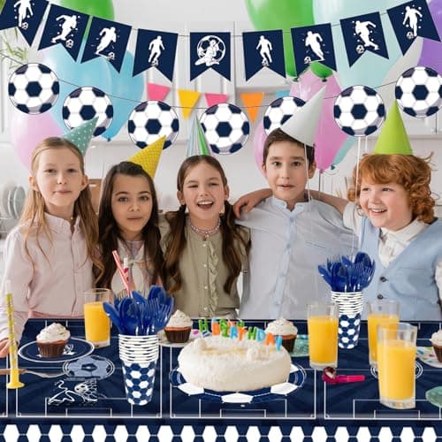 Soccer Plates and Napkins, 171-Count Disposable Soccer Party Supplies Kit with Cups, Cutlery, Banner, Tablecloth | Blue Soccer Theme Birthday Party Decorations, Serves 24 - Thumbnail 3