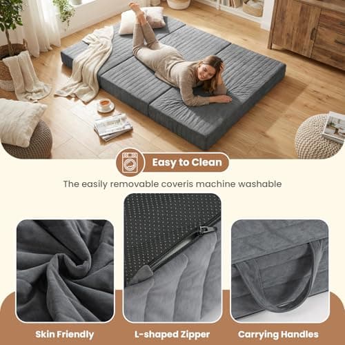 Erament 6-Inch Tri-Fold Mattress Full Size, Covertible Bed Floor Futon Mattress with Handles & Non-Slip Bottom, Foldable Mattress with Removable Tufted for Guest, Camping, Dorm - Thumbnail 6