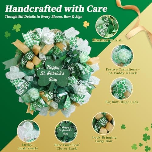 Presentastic 25 Inch Large St Patricks Day Decorations Wreath, Handmade Artificial Shamrock Wreath for Front Door with LED Lights, Kiss Me Im Irish for Wall Decor Window, Saint Paddys Day Decorations - Thumbnail 3