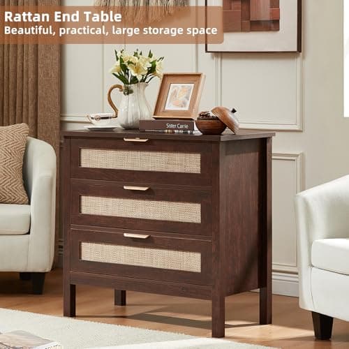 LEYAOYAO 31.5" Wide Rattan Nightstand, Large Boho 3 Drawer Night Stand, Walnut Bedside Table with Storage, Tall Bed Side End Tables, Chest of Drawers Dressers for Bedroom, Living Room, Hallway - Thumbnail 6