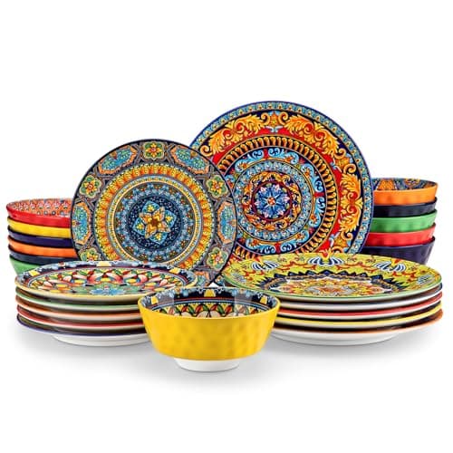 vancasso 24 Pieces Plates and Bowls Set, Bohemian Style Dinnerware Sets Service for 6, Porcelain Boho Dishes Set for Kitchen, Housewaring Gift, Dishwasher and Microwave Safe, Series KRVI - Image 1
