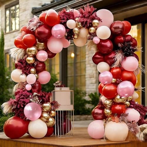 Red Pink Balloon Garland Double Stuffed Burgundy Pink Gold Pearl Balloons Rose Red Blush Nude Balloon Arch for Mother's Day Birthday Bridal Shower Wedding Engagement Party Decorations - Image 1