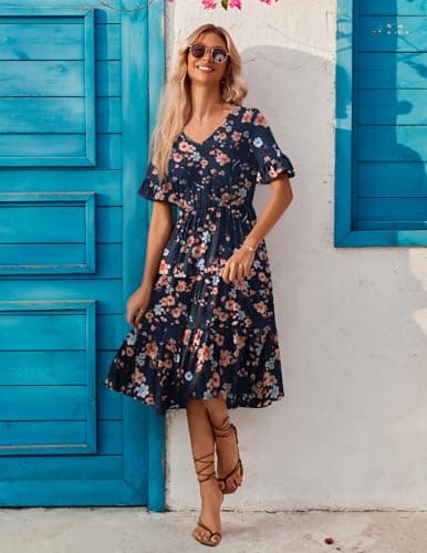 Zeagoo Summer Midi Dresses for Women Casual Short Sleeve V Neck Flowy Long Dresses Tiered Swing Beach Dress with Pockets Navy Blue Floral - Thumbnail 5