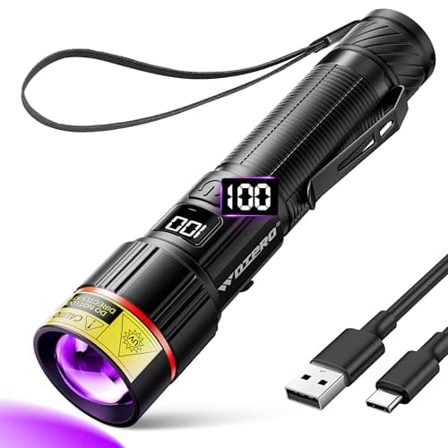 WdtPro UV Flashlight 395nm Super Bright, Rechargeable Black Light with LCD Display, IP65 Zoomable UV Light with Clip, Powerful Portable Blacklight for Pet Urine Stains, Scorpions, Resin Curing - Image 1