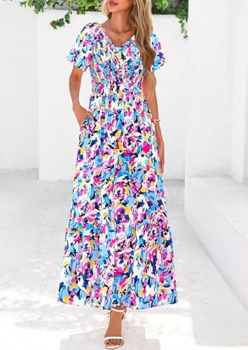 PRETTYGARDEN Boho Dresses for Women 2026 Summer Floral Short Sleeve V Neck Smocked Flowy Beach Vacation Maxi Dress (Multicolored Floral,XX-Large) - Thumbnail 6