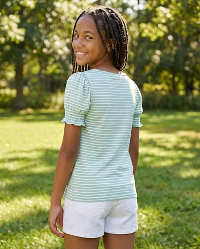 FREELYVE Girls Summer Tops Striped Square Neck T-Shirt Puff Short Sleeve Soft Knit Casual Tees,Sage,8-9Y - Thumbnail 2