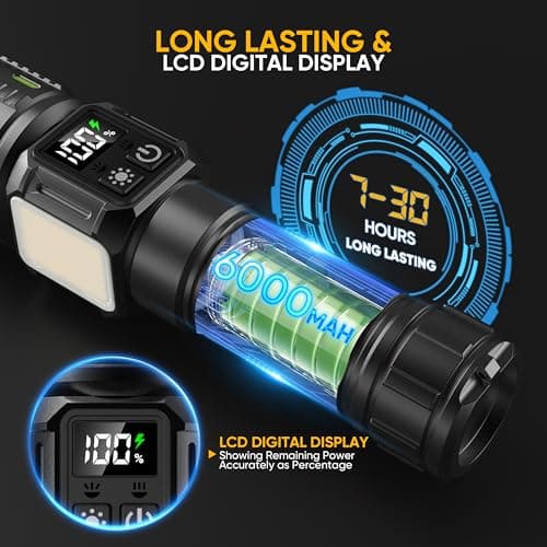 lesusnicy Rechargeable Flashlights High Lumens 10000, Super Bright LED Flash Light Long Lasting USB C LCD Display, Dual Light Source & Buttons with Red Light, for Camping Hiking Emergency Home Gift - Thumbnail 4