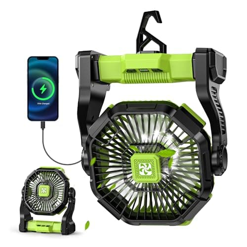 Battery Powered Fan -Lash Fans with Led Lantern, Portable Rechargeable, Battery Operated for Mobile Phone, Hook 4 Speed Quiet Personal for Desk Fan, Travel, Fishing, Power Outage, Hurricane-Green - Image 1