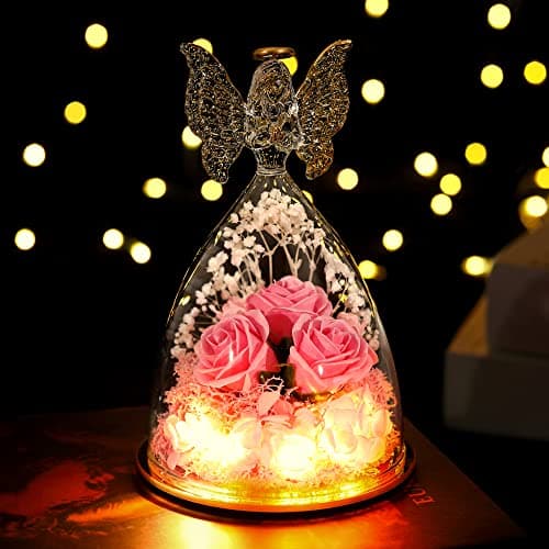 Tiaronics Mothers Day Mom Gifts for Women Preserved Flowers in Glass Angel Forever Flowers Gifts Eternal Roses Gifts for Grandma - Pink - Thumbnail 2