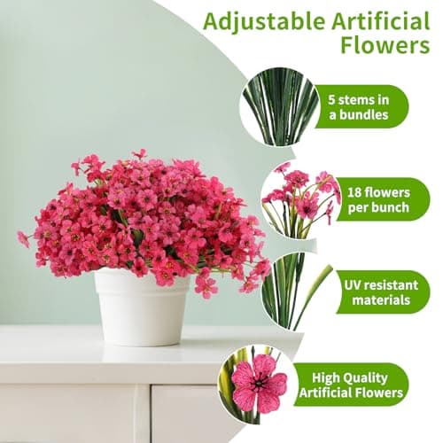 Powbrace 22 Bundles Artificial Flowers Outdoor, Faux Flowers UV Resistant with Plastic Plants, Faux Silk Flowers for Outdoors Outside Front Porch Hanging Planter Window Box Garden Decoration(Rose Red) - Thumbnail 4