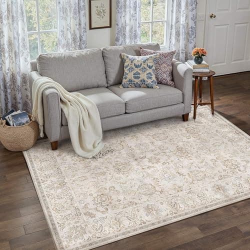 HUGEAR 3x5 Machine Washable Area Rugs Vintage Grey - Neutral Non Slip Stain Resistant Low Pile Aesthetic Throw Carpet Kids & Pet Friendly for Living Room Kitchen Dining Room Laundry - Image 1