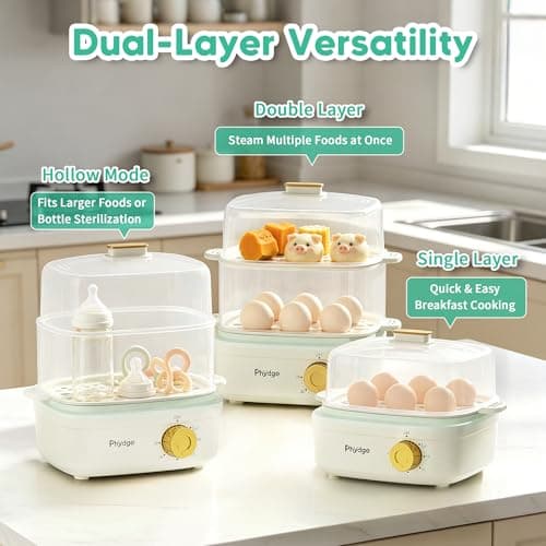 Electric Food Steamer for Cooking, 2-Tier Rapid Egg Cooker, Stackable Steam Cooker for Baby Food, Meal Prep, Quick Healthy Cooking for Vegetables, BPA-Free, 30-Min Timer, 3 Containers&1 Spoon Included - Thumbnail 5