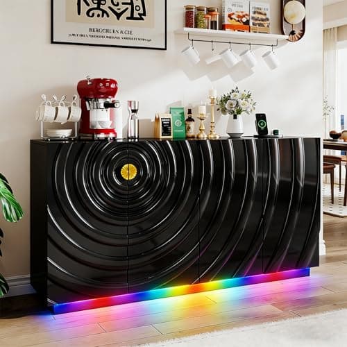LVSOMT 63" High-Gloss Sideboard Buffet Cabinet with Storage, Large Coffee bar Cabinet with RGB Lights and Power Outlet, Modern Console with 4 Doors for Kitchen and Living Room, Black - Image 1