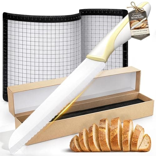 XUNWKONGG Bread Knife for Homemade Bread, Ceramic Serrated Sourdough Bread Slicer Set with Measuring Baking Mat & Cover, 12” Precision Cutting Knife for Artisan Loaves & Baking - Image 1