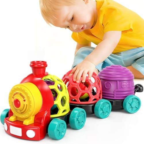 WEEJOYGAM Train Baby Toys 6-12 Months, Infant Soft Cars for Toddlers 1-3 Boy Easter Basket Stuffers Birthday Gift 6 7 8 9 10 Month 1 Year Old Boy Cause Effect Montessori Musical Push Truck Ball Rattle - Image 1