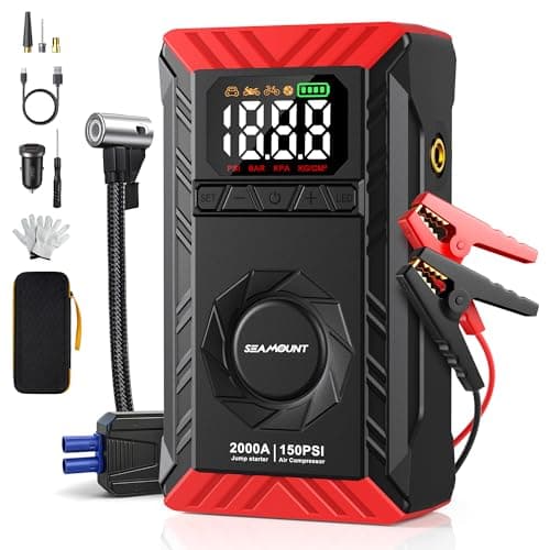 SEAMOUNT 2000A Jump Starter with Air Compressor Combo, Portable Car Battery Booster Pack for 6L Gas / 3L Diesel, 150PSI Tire Inflator, LED Emergency Light, Complete Roadside Kit