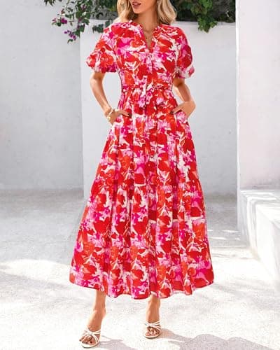 BTFBM Summer Dresses for Women 2026 Boho Short Sleeve V Neck Button Belt Flowy Spring Clothes Beach Vacation Maxi Dress(Floral Orange Pink White, X-Large) - Thumbnail 2