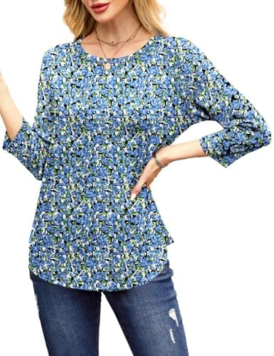 NORACORA Women's 3/4 Length Sleeve Crew Neck T-Shirt - Printed Casual Basic Tops Blue Floral - Thumbnail 6