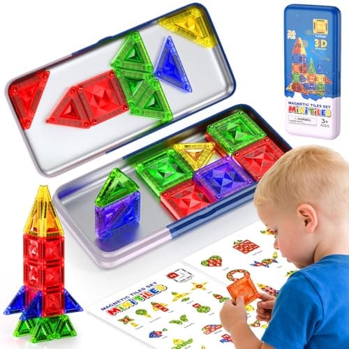 OFFISYS Mini Magnetic Tiles for Kids, Sparkling Diamond Travel Magnet Tiles with Metal Case, STEM Educational Magnet Blocks, Portable Construction Magnet Toys for Boys and Girls, 26PCS - Image 1