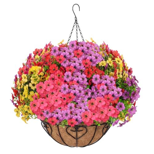 LetuoClips Artificial Hanging Flower for Outdoors, Fake Hanging Basket for Outside,1 Hanging Basket with 13 Pcs Faux Silk Flowers for Porch, Balcony and Patio Decor(Mixed) - Image 1