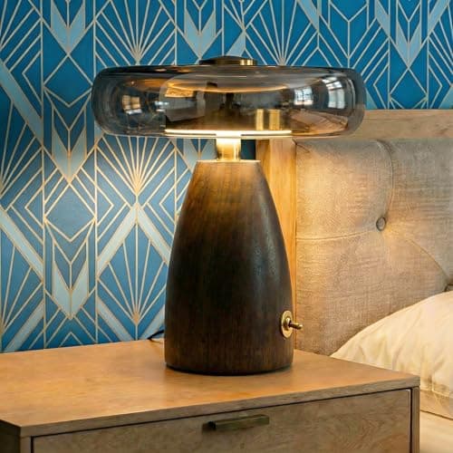 SEHNLICH Aesthetic Table Lamp for Living Room, Bedroom, Bedside, Nightstand Lamp with Wood Base, Stained Glass Shade, 3 Color Temperature, Vintage Retro Mushroom Mid Century Modern Lamp, Desk Decor - Image 1
