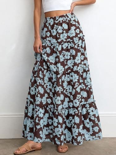 BTFBM Floral Maxi Skirts for Women Summer Spring 2026 Elastic Waist Tiered Flowy Beach Vacation Boho Midi Long Skirt(Floral Brown Light Blue, X-Large) - Thumbnail 4
