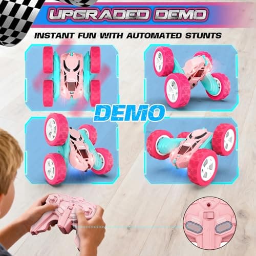 cosone RC Cars, Pink Remote Control Car for Girls, 2.4 GHZ Double Sided RC Stunt Car 360 Rotating Remote Control Cars with Headlights Toys for 6 7 8 9 10 11 12 Girls Birthday Gift - Thumbnail 3