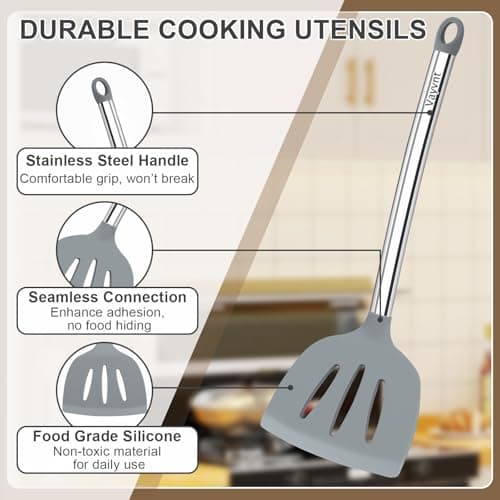 8 PCS Cooking Utensils Set, Vayvnt Silicone Kitchen Spatula Set for Cooking, Non Toxic Silicone Kitchen Utensils with Stainless Steel Long Handle, Spoon and Tong, Heat Resistant&Dishwasher Safe, Gray - Thumbnail 3